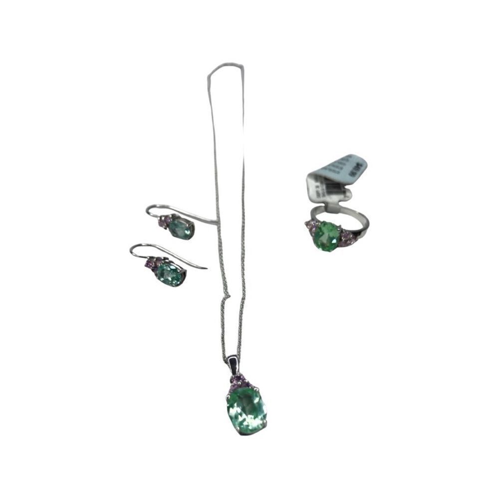 Sterling Silver Green Ice Pink CZ Ring (Size 8), 18”Necklace, Earrings Set